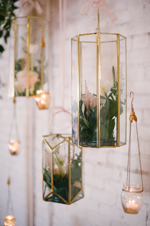 blush and greenery hanging geometric wedding decor