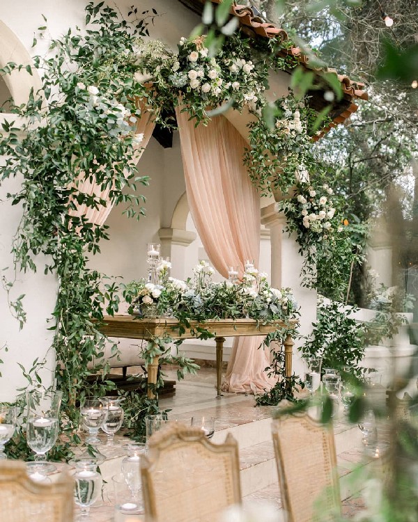 blush and greenery sweetheart table decor