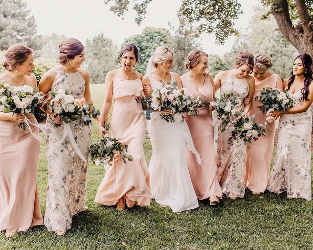 blush and printed mixmatched bridesmaid dresses