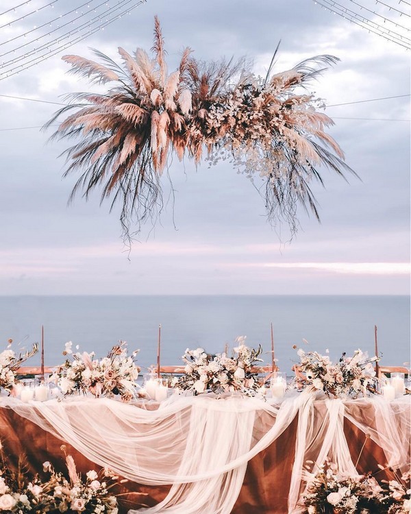 blush boho pampas grass sweetheart table decor 10