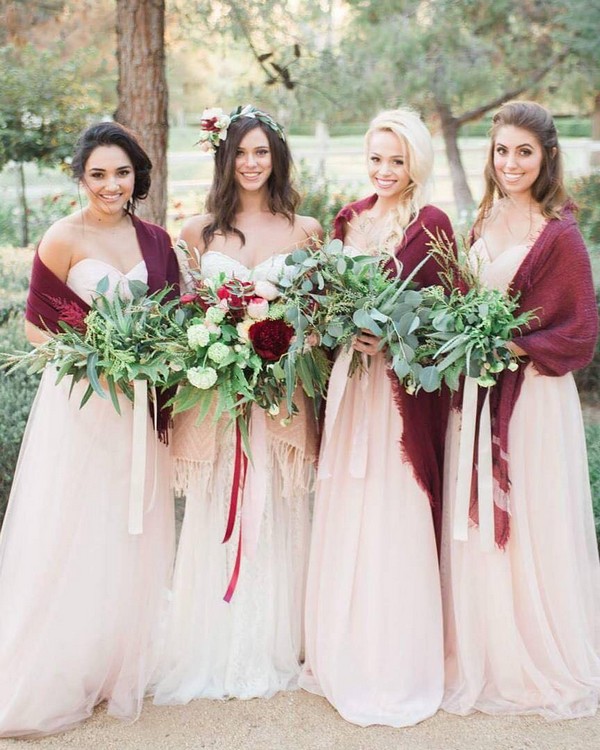 blush bridesmaid dresses and greenery wedding bouquet 3