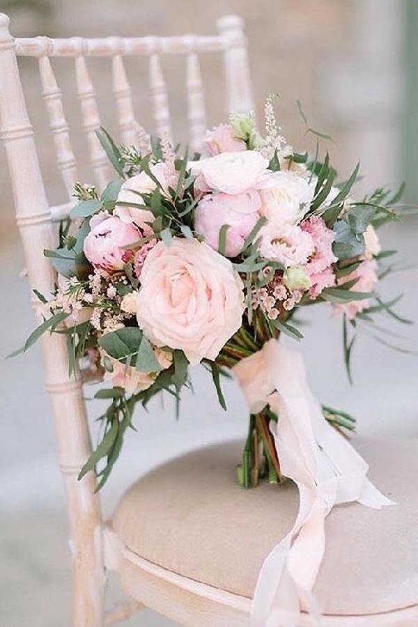 blush pink roses and ribbon wedding bouquet