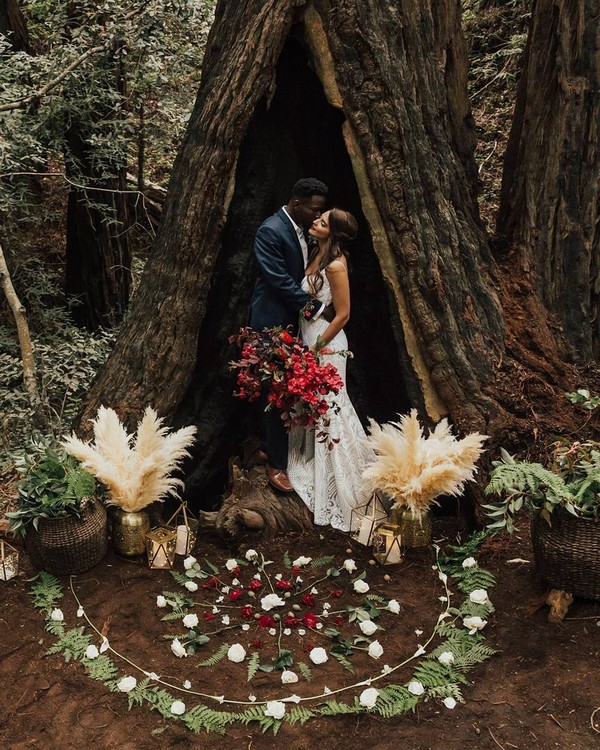 boho pampas grass and tree wedding backdrop17