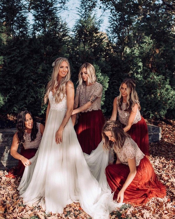 20 Burgundy and Greenery Wedding Color Ideas 4 burgundy and ivory two piece bridesmaid dresses 19