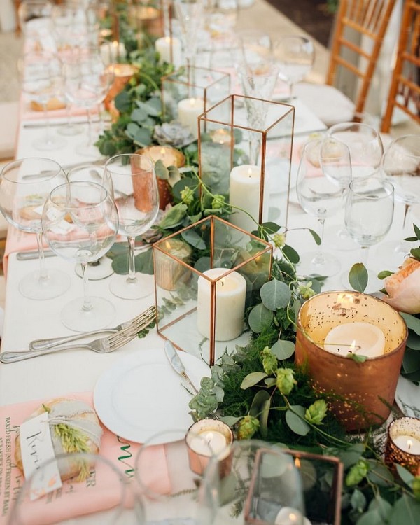 copper geometric and greenery wedding centerpiece