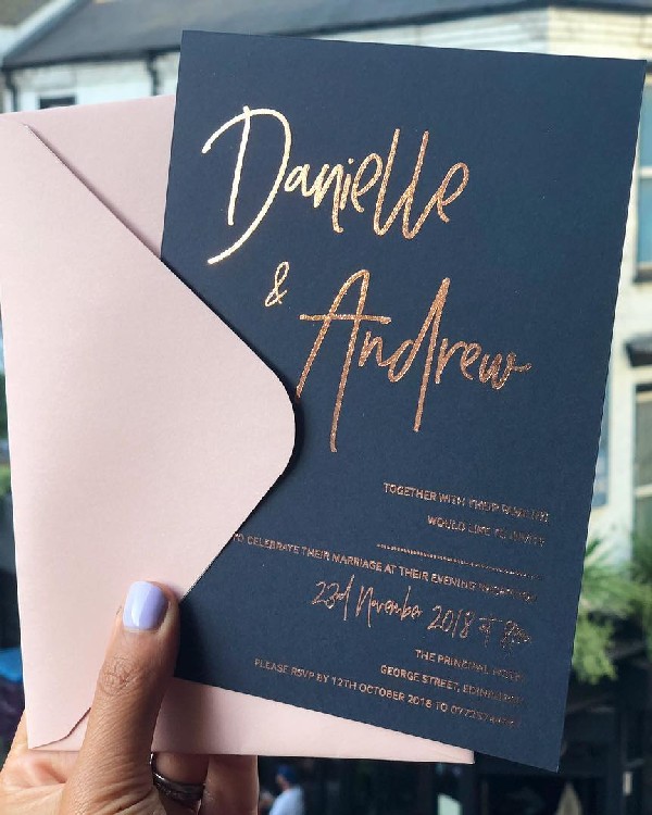 dark navy gold foil wedding invitation with blush envelope