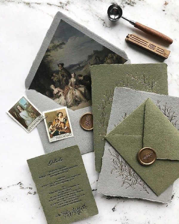 dark sage green letterpress with gold foil wedding invitations