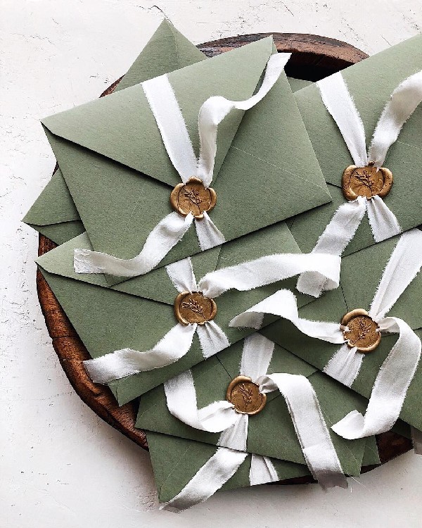 dark sage green letterpress with gold foil wedding invitations