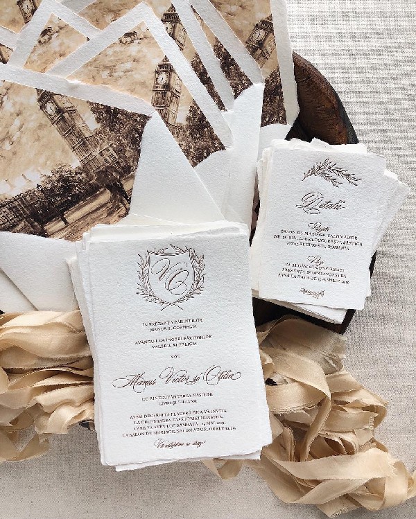elegant natural white letterpress handmade paper wedding invitation