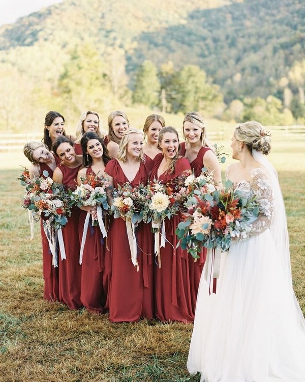 fall burgundy bridesmaid dresses and greenery wedding bouquet 16