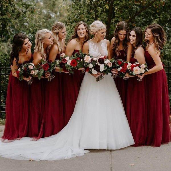 35 Classic Aubergine & Marsala Wedding Color Theme Ideas 5 fall burgundy strapless bridesmaid dresses 7