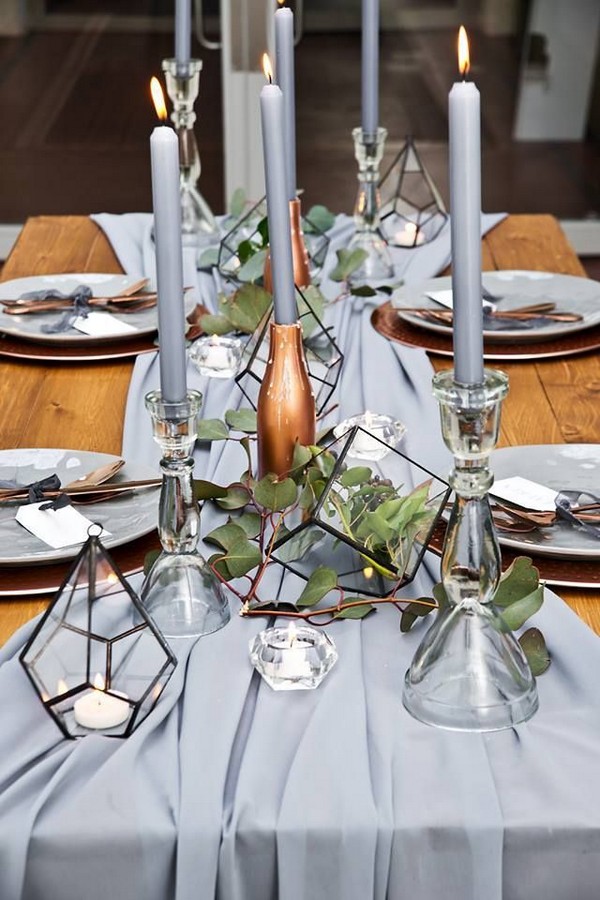 geometric elements dusty blue wedding centerpiece