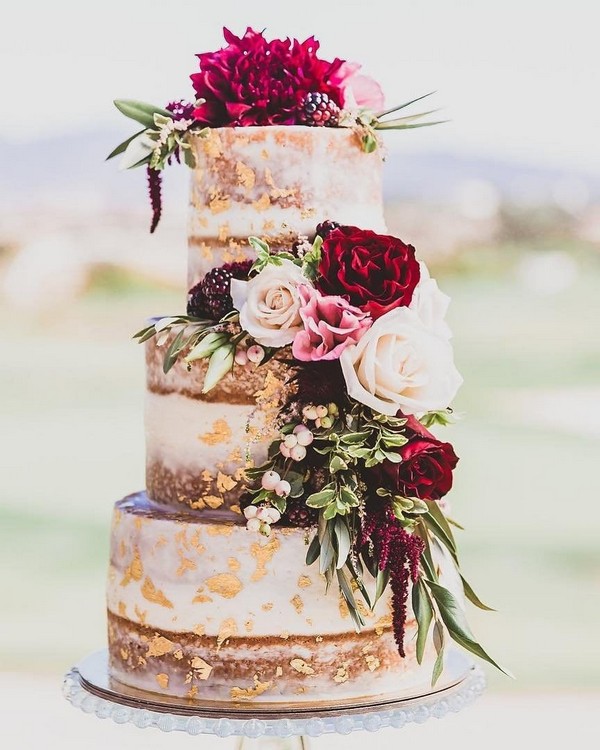 gold and burgundy naked wedding cake 11