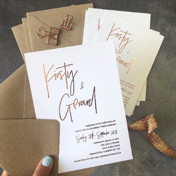 gold foil wedding invitation with kraft paper envelope