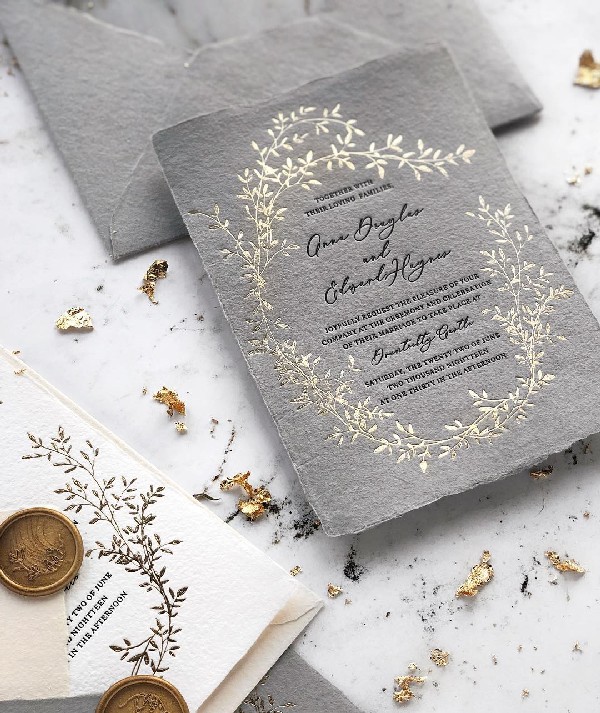 grey and gold letterpress wedding invitation