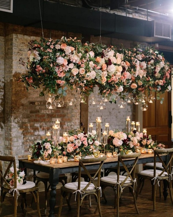 hanging blush flowers sweetheart table wedding decor 15