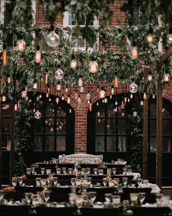hanging greenery and lighting wedding reception decor 19