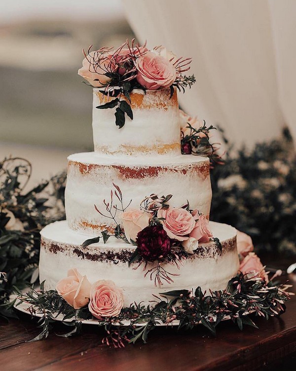 naked blush and burgundy wedding cake 20