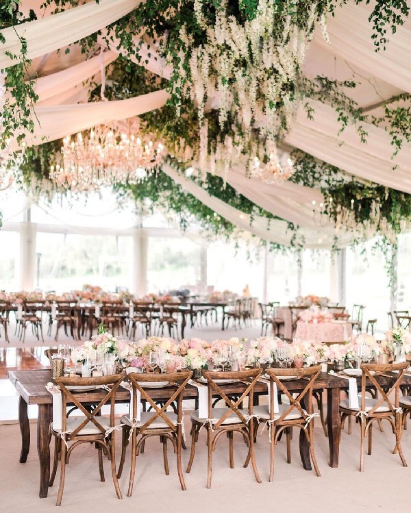 romantic blush and greenery wedding reception decoration ideas