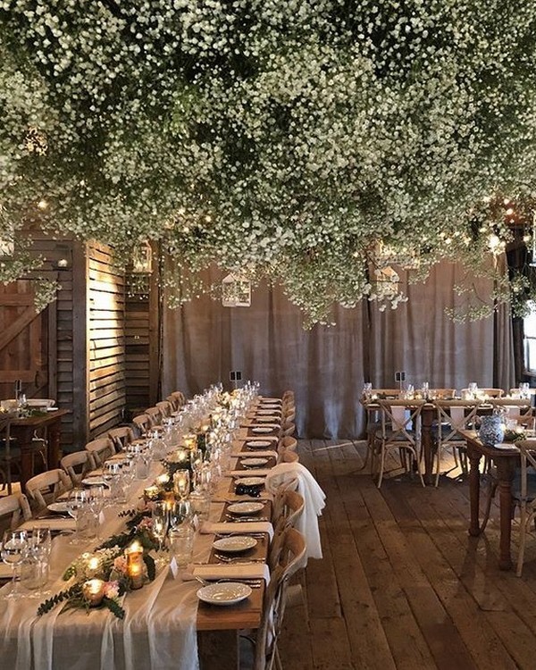 rustic indoor green hanging baby's breath wedding reception decor 12