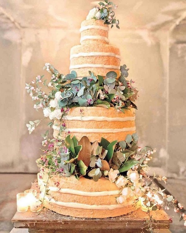 rustic naked wedding cake with greenery leaves 13
