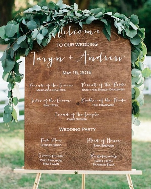 rustic real wood wedding sign with green leaves 17