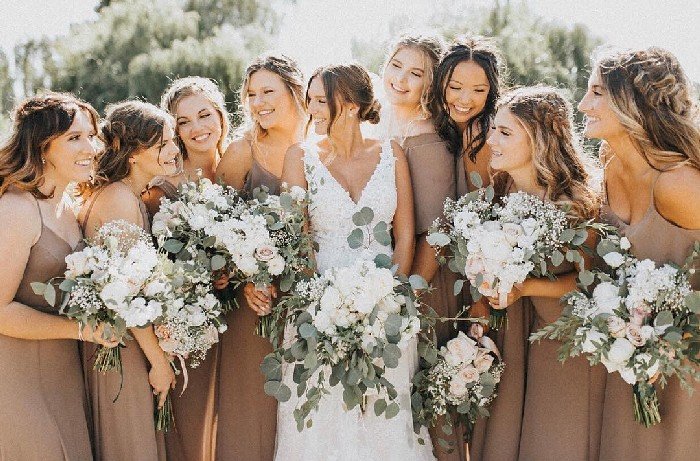 taupe bridesmaid dresses and greenery wedding bouquet