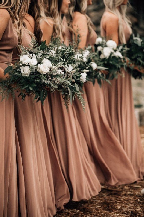 taupe bridesmaid dresses and greenery wedding bouquets