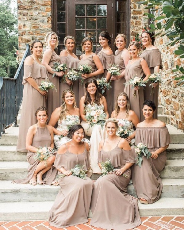 taupe mismatch bridesmaid dresses and greenery wedding bouquet