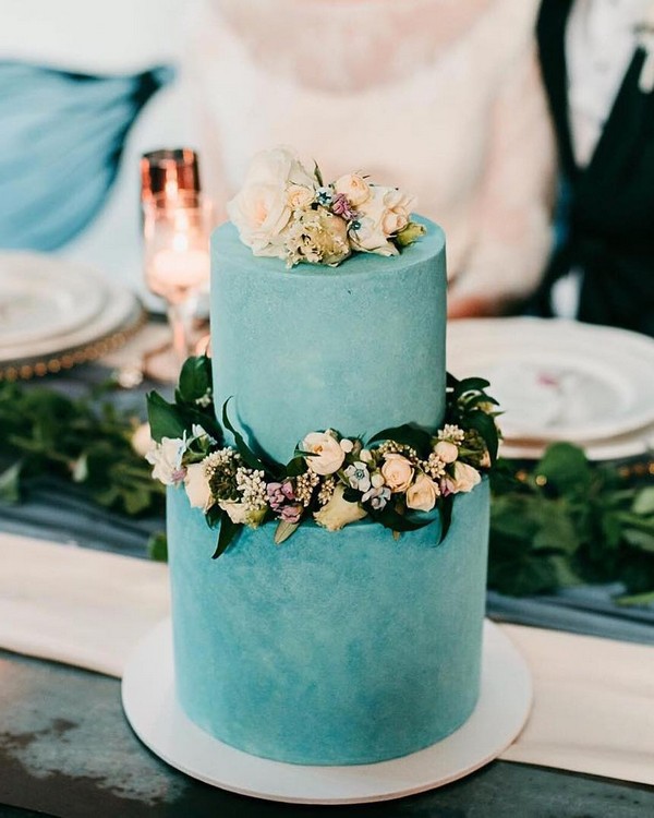 teal blue and greenery wedding cake 20