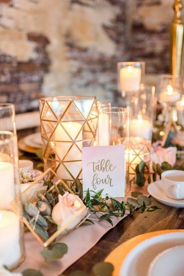 wedding table setting ideas with geometric terrarium and candles