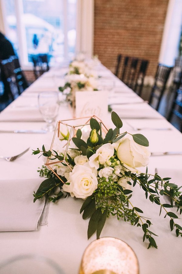 white flower centerpiece with greenery copper geometric flower vases wedding centerpiece