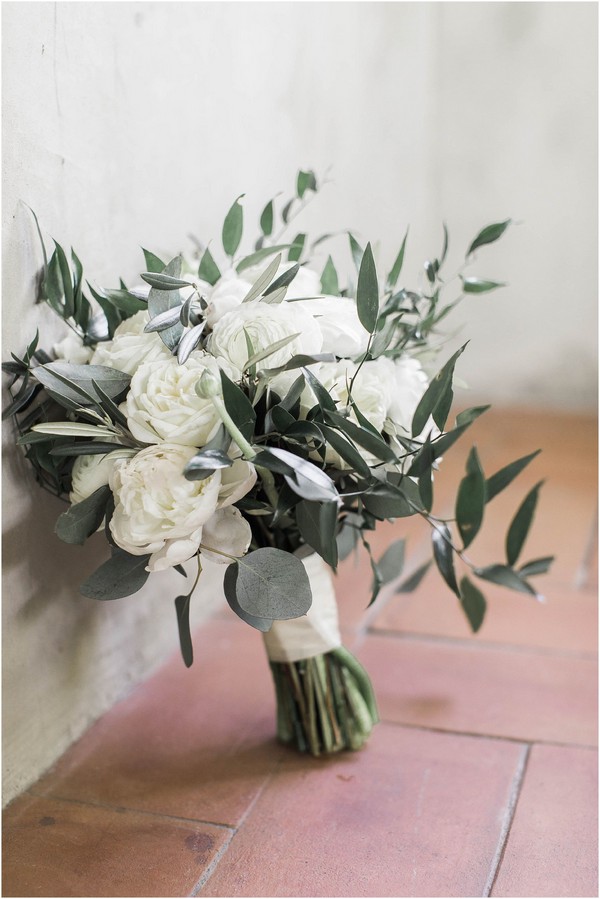 Neutral Romantic Wedding Bouquet of White Peonies and Olive Leaf