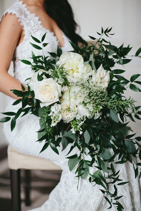 greenery and white cascading wedding bouquet