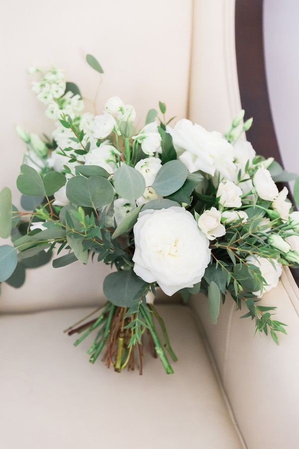 greenery eucalyptus and white roses wedding bouquet
