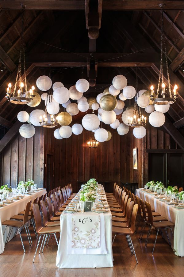 hanging paper lanterns barn wedding reception decor