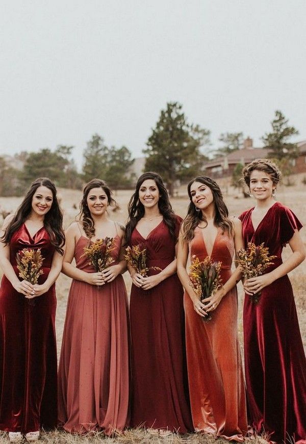 rust velvet mismatched fall bridesmaid dresses