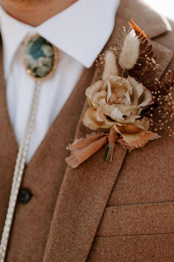 rust wedding color bohemian bridal boutonniere with rose and smal dry grass