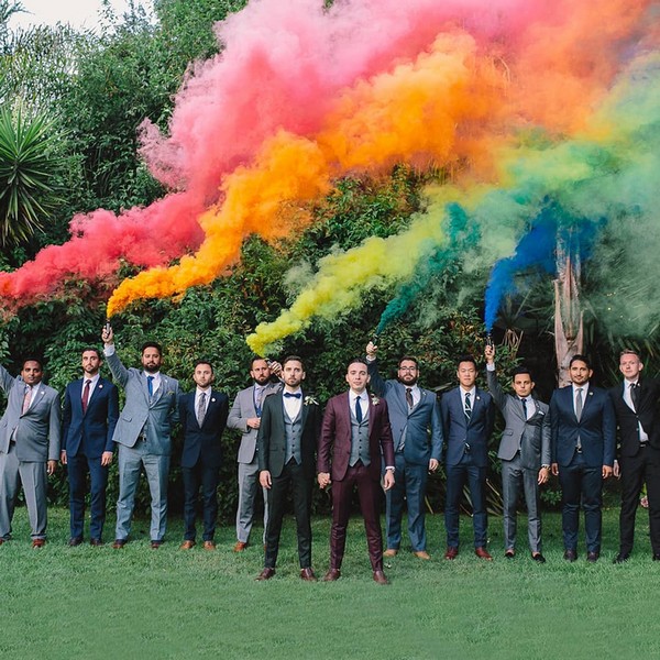 Smoke Bomb Groom and Groomsmen Wedding Photos