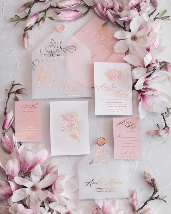 blush and gold wedding invitation