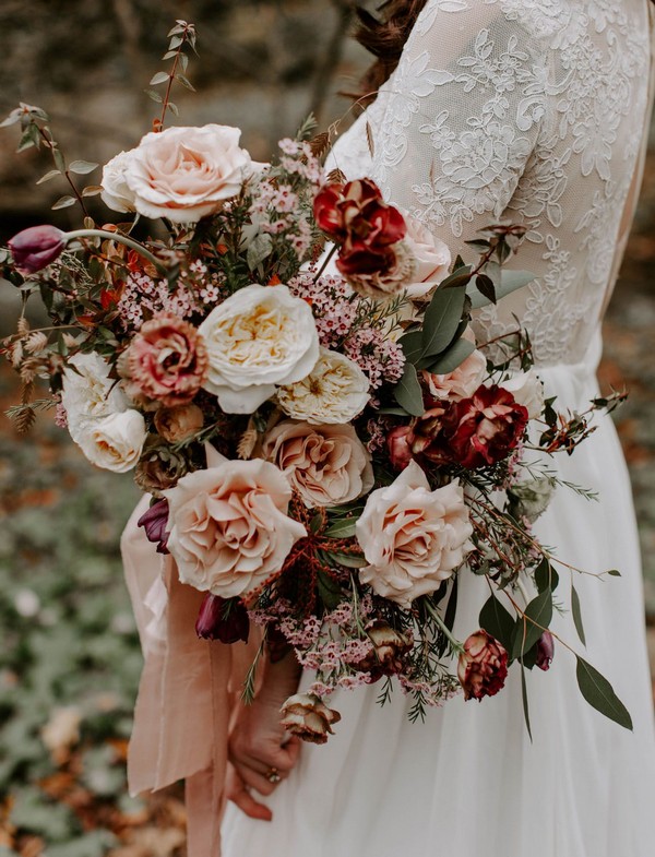 blush and red garden rose fall wedding bouquet