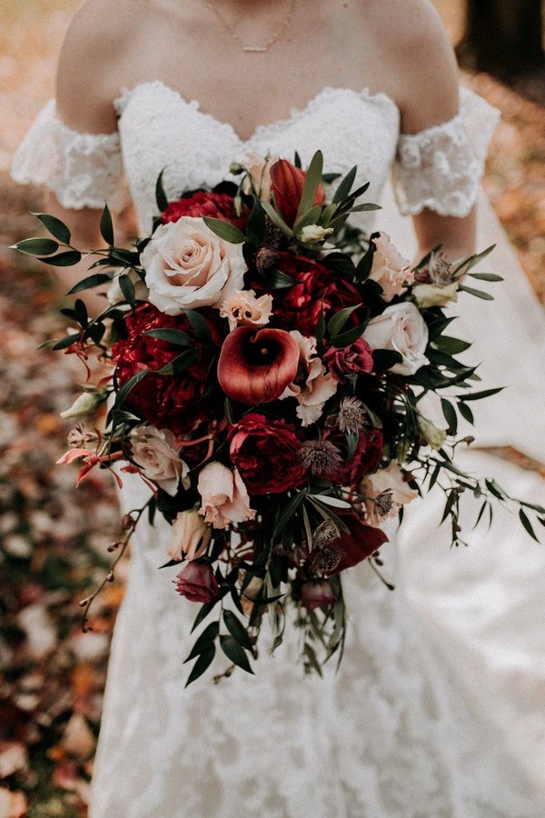 deep red and greenery fall wedding bouquet