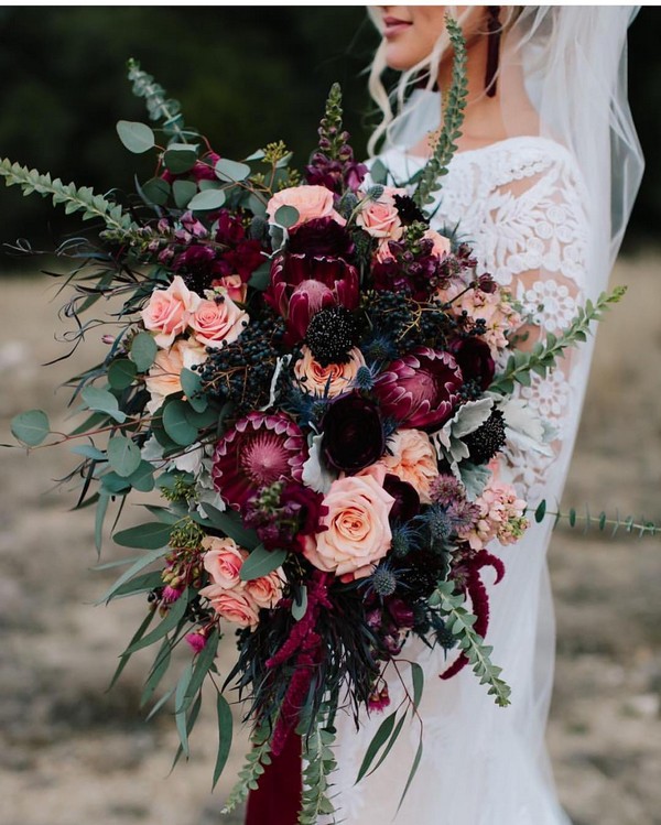 fall dark purple and coral wedding bouquet