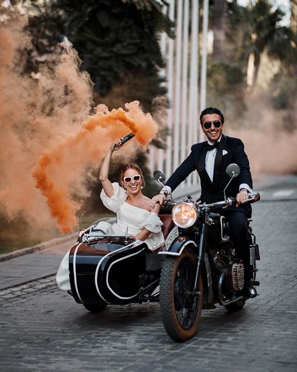 vintage sunset orange smoke bomb wedding photo