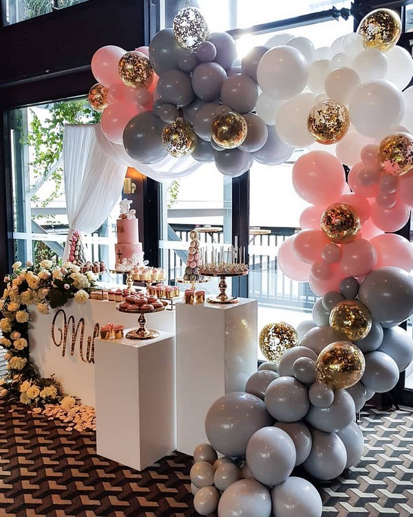 pink and dusty blue balloons wedding reception food bar 13