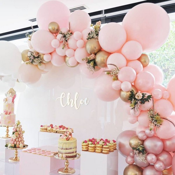 pink and gold balloons wedding cake reception decor 16
