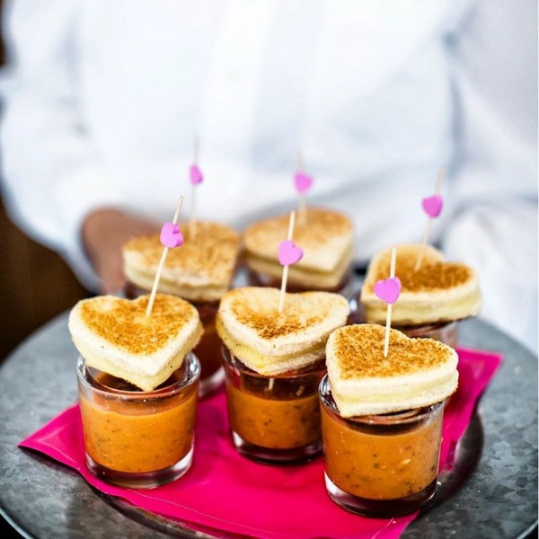 tomato soup shooters served with mini heart-shaped grilled cheese sandwiches