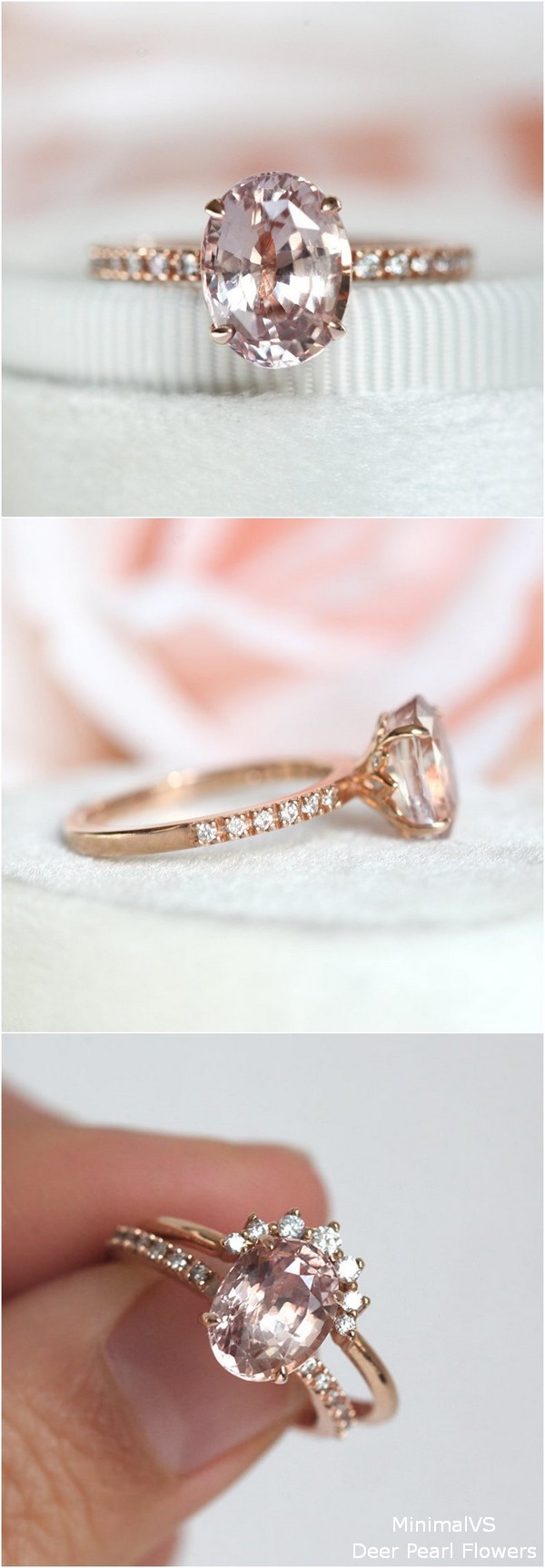 Blush Oval Champagne Peach Sapphire Engagement Ring With Pave Diamond Band