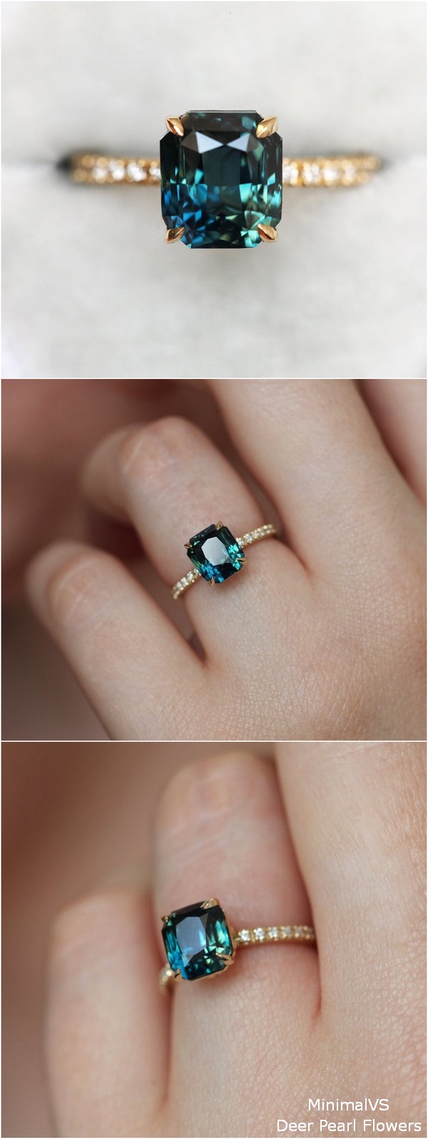 Radiant Teal Sapphire Ring with Pave Diamond Band