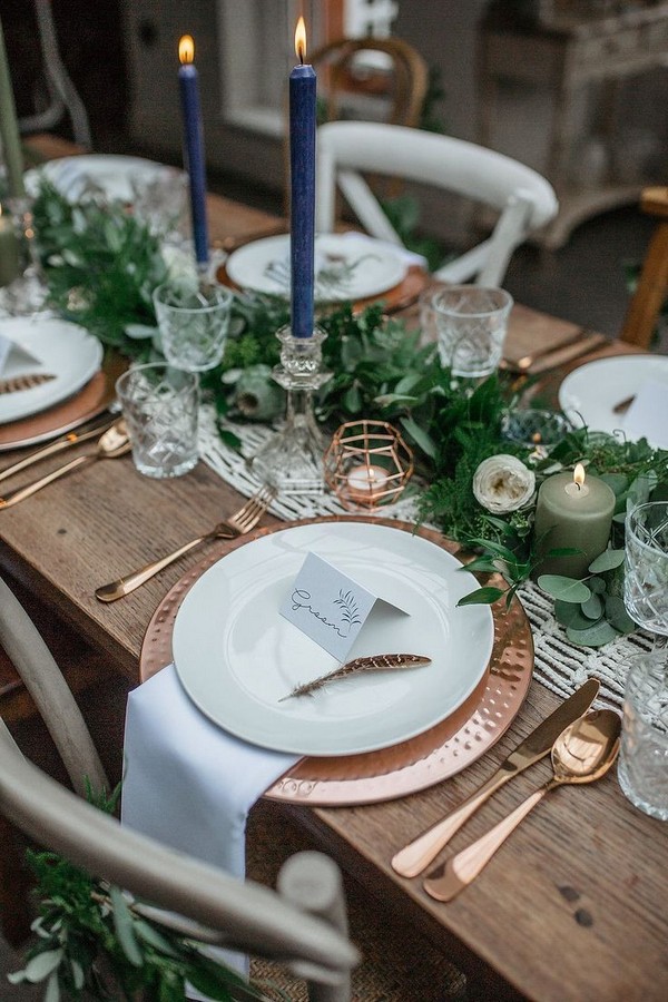 Bohemian macrame wedding table runner with copper cutlery